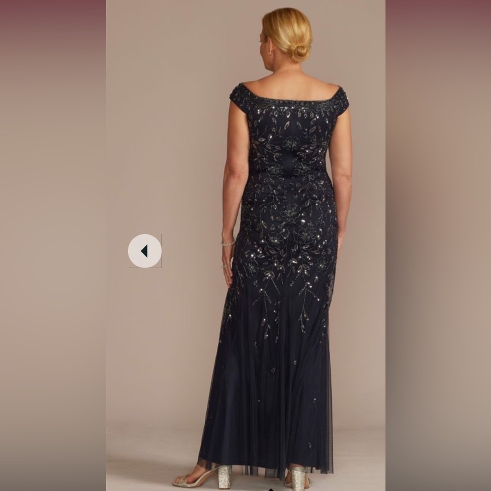 Navy Beaded Off Shoulder Formal Dress
